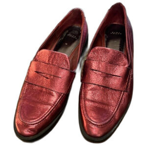ZARA WOMAN LOAFERS REAL LEATHER GENUINE RED METALLIC CHIC CLASSIC FLAT 38